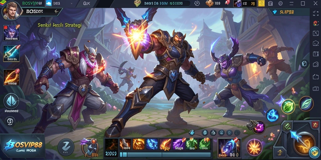 Screenshot gameplay intens di BOSVIP88 dengan berbagai karakter bertarung.
