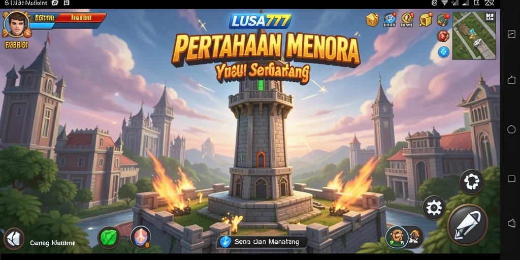Screenshot menunjukkan gameplay menara pertahanan yang intens di LUSA777.